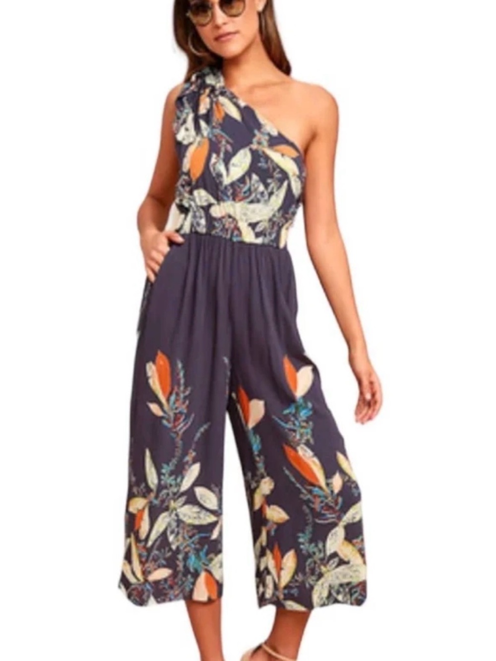 Free People One-Shoulder Floral Wide-Leg Jumpsuit in Navy